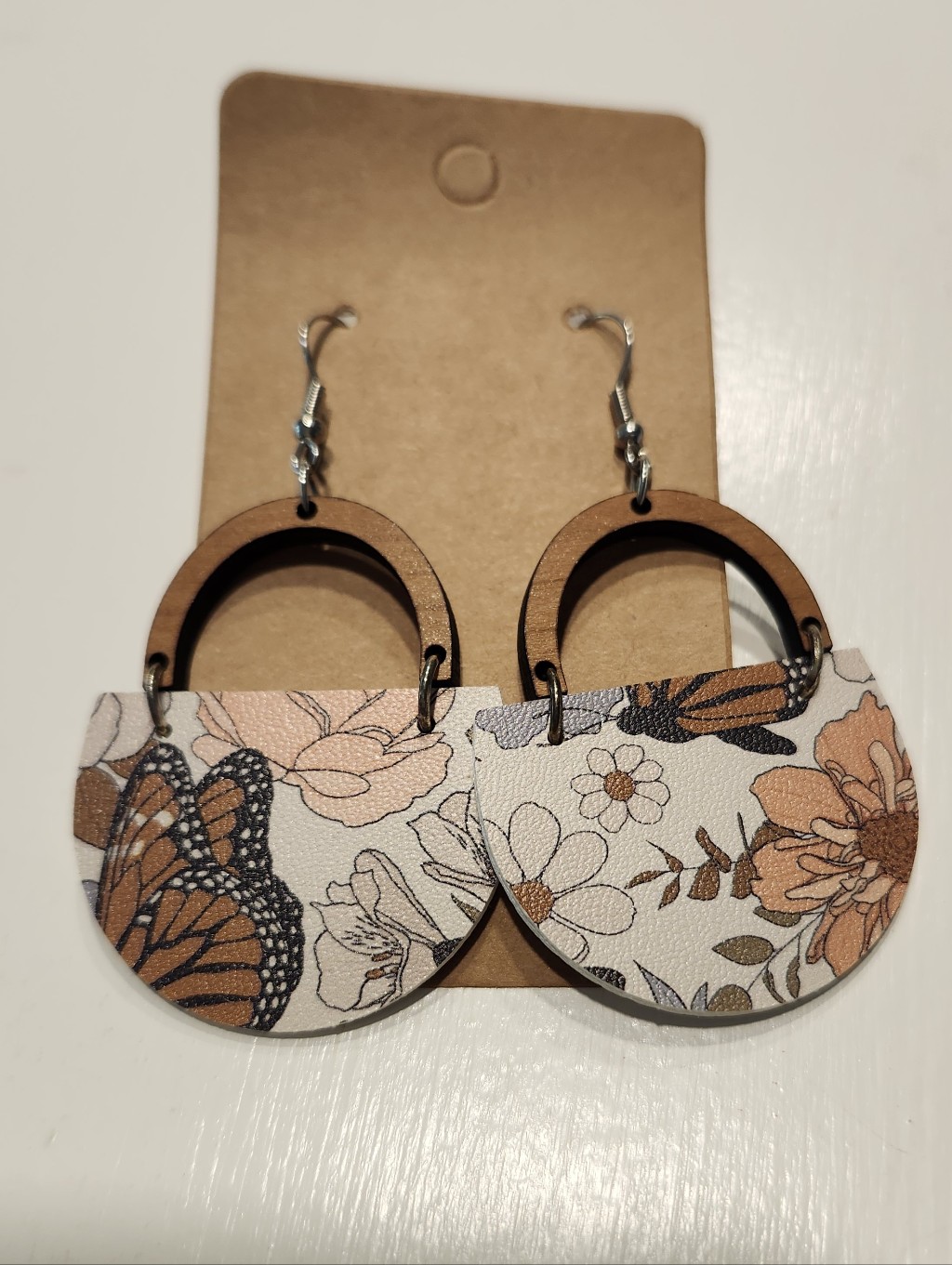 Floral Butterfly Wooden Half-Moon Dangle Earrings - Brown & Cream - Handmade